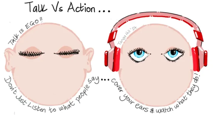 Two hand-drawn faces. The first has closed eyes and big ears, with the words Talk is ego and Don't just listen to what people say. The second wears red headphones with eyes wide open, with the words Cover your ears and watch what they do.